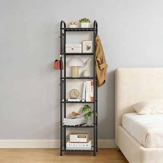 5-Tier Narrow Storage Shelf with Hooks for Small Spaces