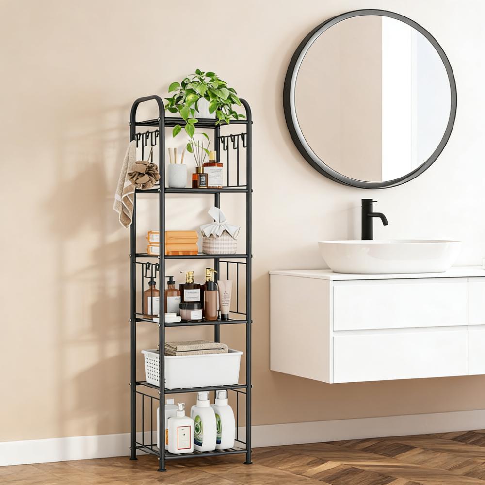 5-Tier Narrow Storage Shelf with Hooks for Small Spaces