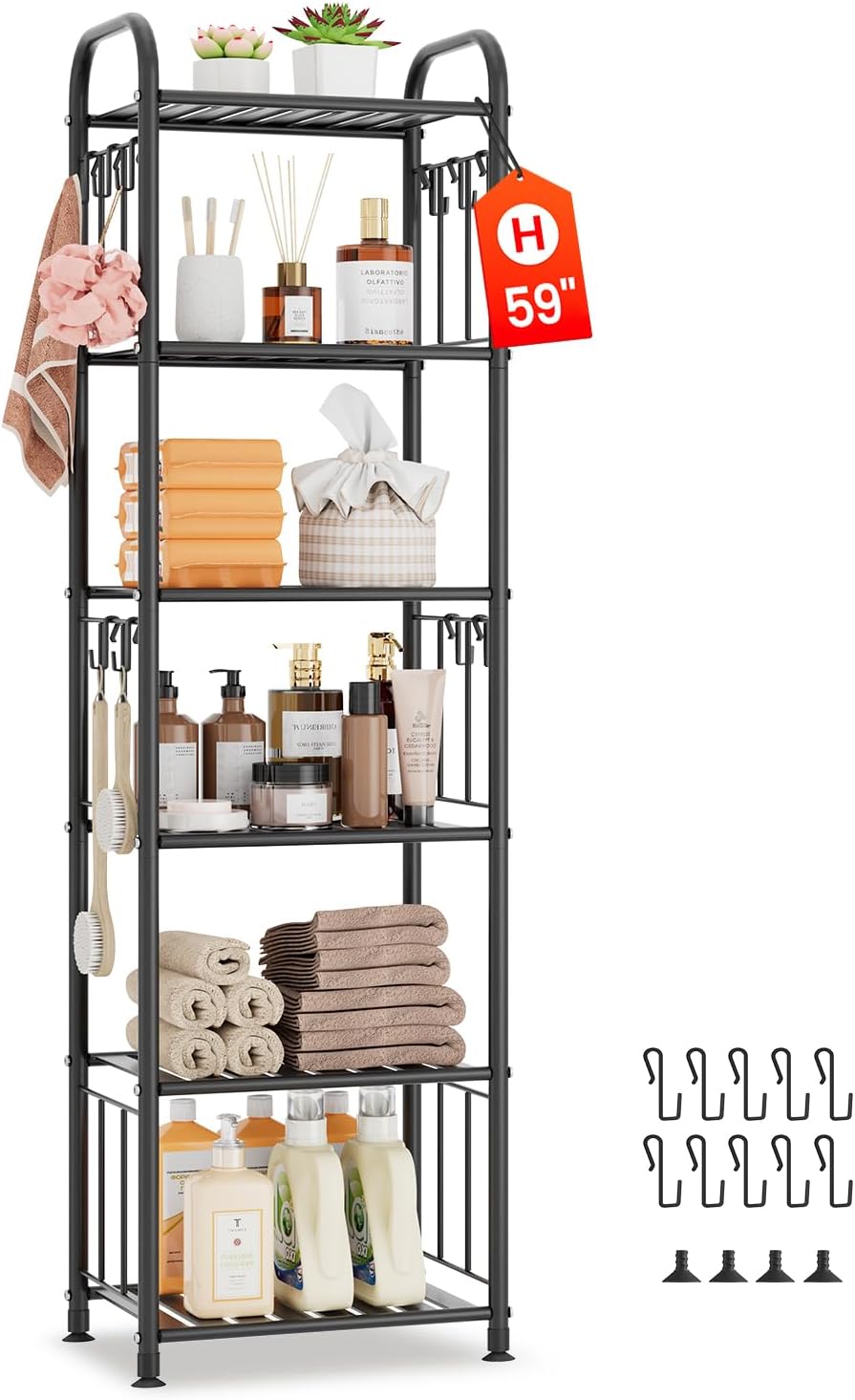 5-Tier Narrow Storage Shelf with Hooks for Small Spaces
