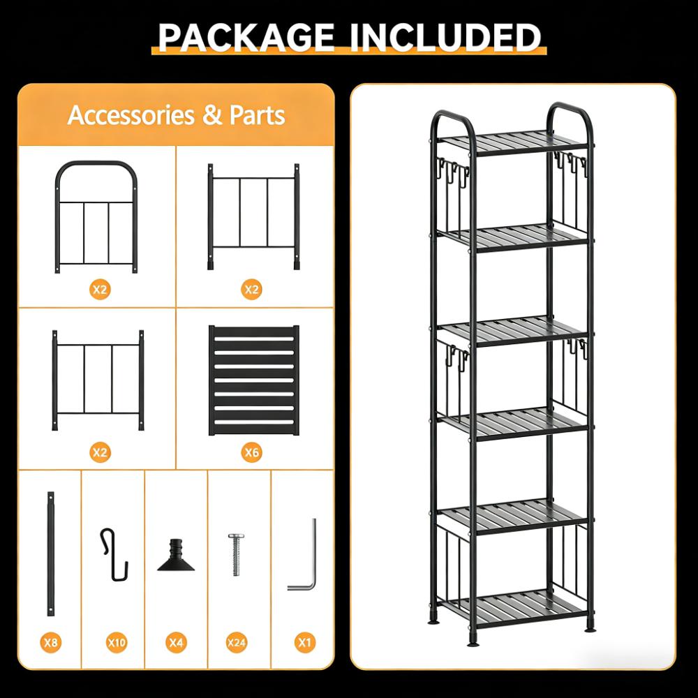 5-Tier Narrow Storage Shelf with Hooks for Small Spaces