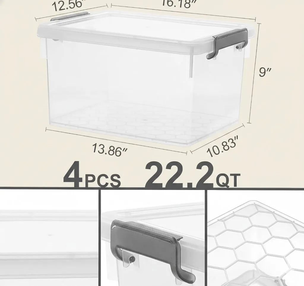 22.2 Qt Storage Bins, 4 Pack, Clear with Lids & Stackable